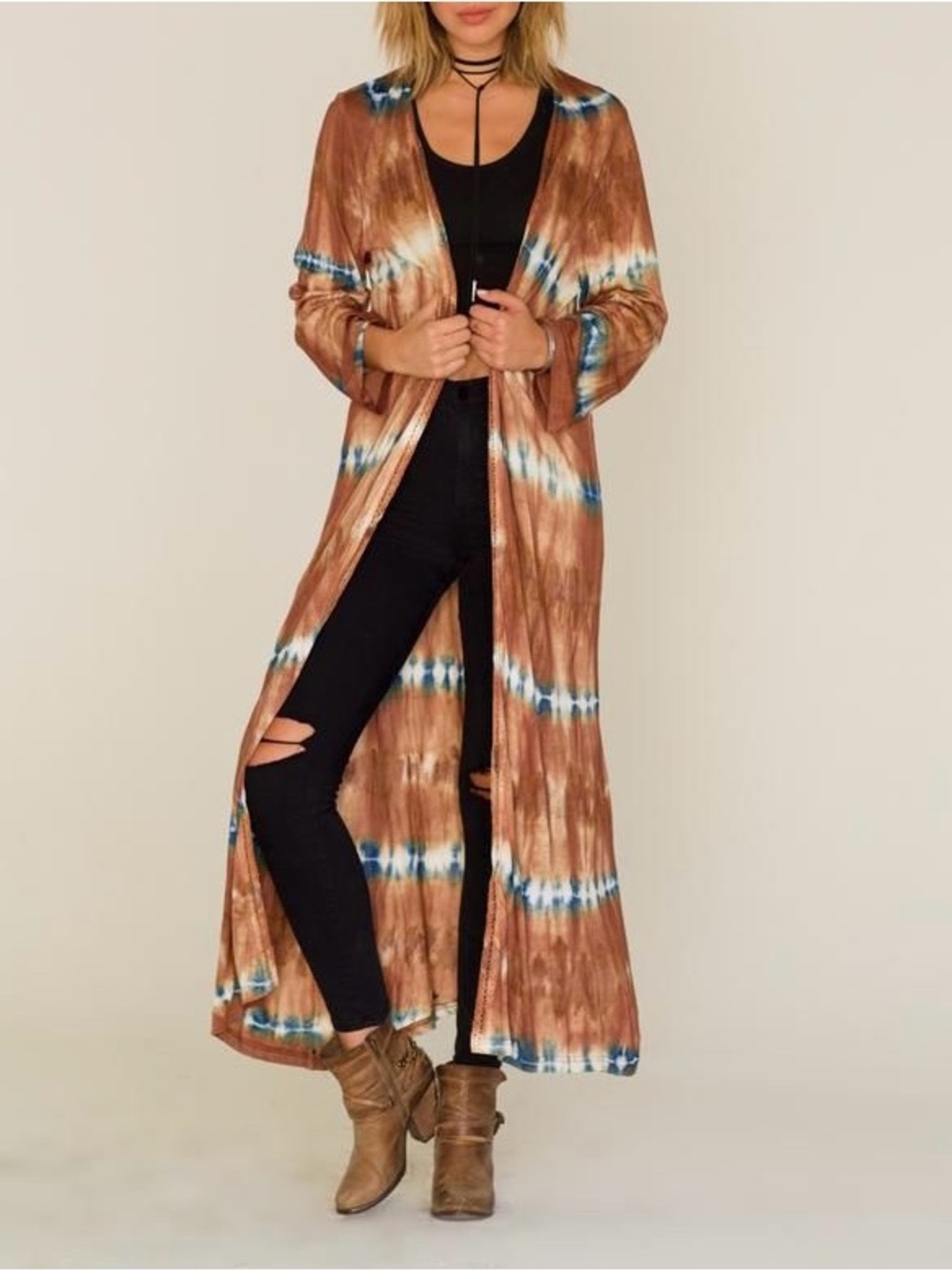 RAGA Anthropologie Tie Dye Brown Crochet Boho Festival Long Cardigan Duster Maxi